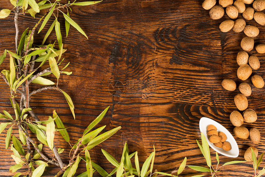 杏金背景营养植物桌子菜单树叶坚果水平静物高视角模板图片