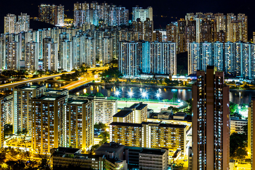 晚上在香港市居所鸟瞰图住房房屋住宅景观市中心天际公寓楼公寓图片