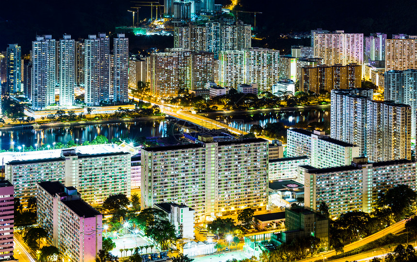 香港之夜公寓楼住宅民众住房居所鸟瞰图人口公寓房屋市中心图片