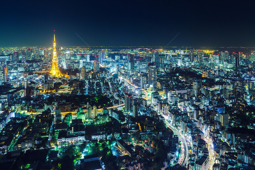晚上东京市风景鸟瞰图大楼都市景观市中心办公建筑物高楼建筑学港区图片