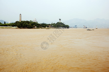 江心中国文州地貌     河流寺庙船舶码头黄色城市背景