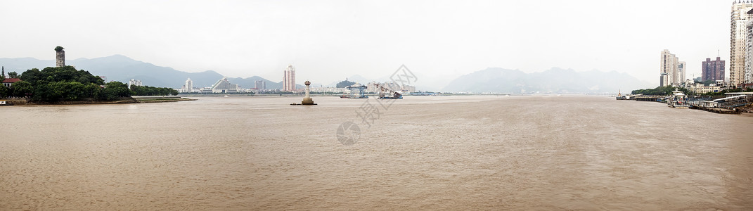 江心中国文州地貌     河流寺庙城市船舶码头黄色背景