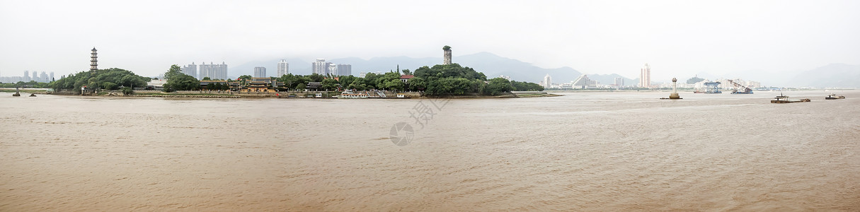 江心中国文州地貌     河流寺庙船舶黄色码头城市背景