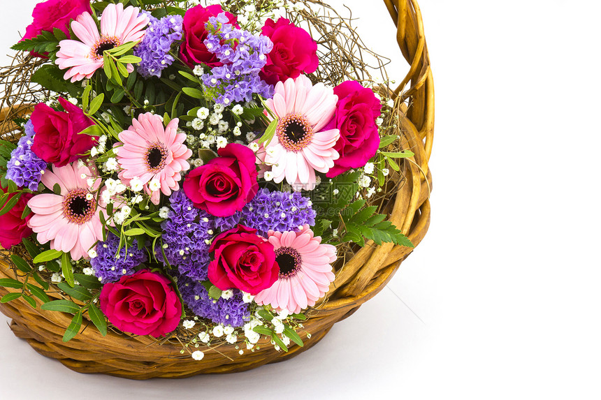 篮子中的彩色花朵订婚妈妈们雏菊生日妈妈植物群紫色婚礼玫瑰礼物图片