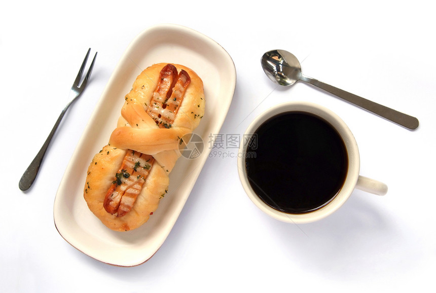 开胃香肠面包和咖啡精力泡沫芳香咖啡店勺子香气小吃甜点食物食堂图片