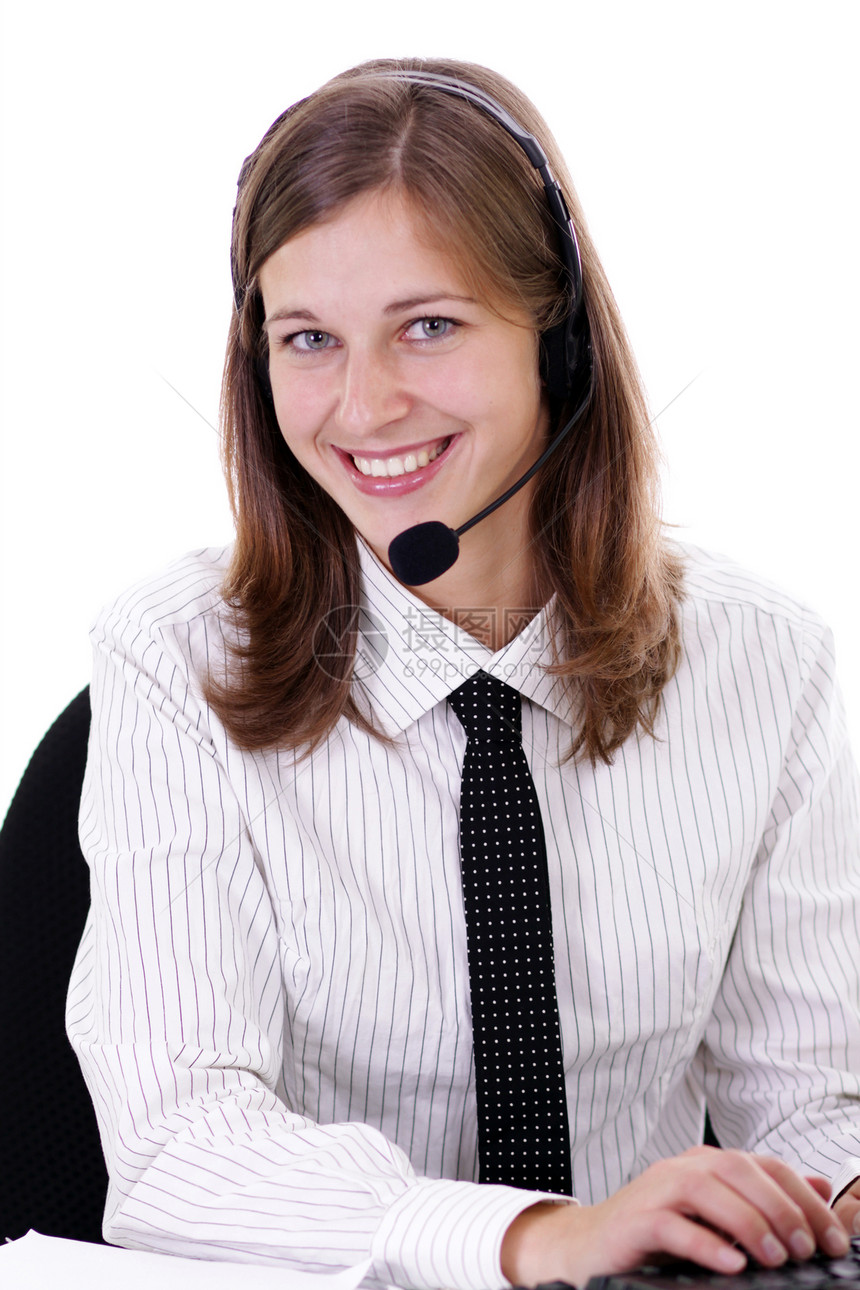 美丽的年轻女子电话笑脸顾问麦克风顾客女孩操作员咨询服务相机图片