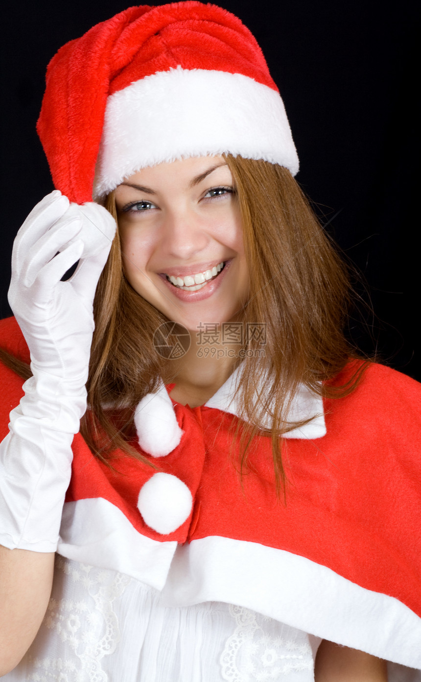 快乐的圣诞老人幸福帽子女士黑发女孩文化红色盒子微笑仪式图片