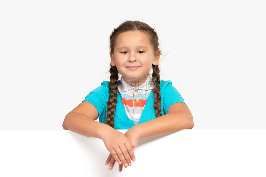 持有白旗的女童孩子卡片快乐展示乐趣女孩女性女学生招牌头发图片