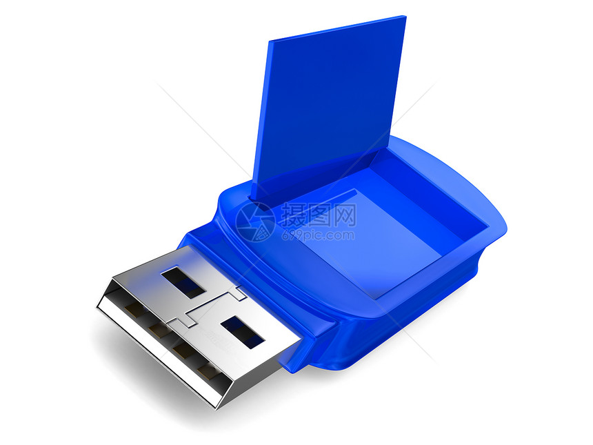 白色背景上的 usb 闪存驱动器 孤立的 3D 图像钥匙配饰蓝色驾驶机动性店铺插头记忆贮存软件图片