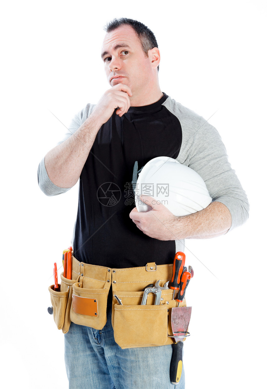 白种男子合同承包商 40岁工具建筑思维工程师礼帽头盔建筑工人白色修理工牛仔布图片