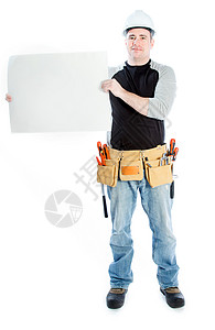 5S标语白种男子合同承包商 40岁修理工具工匠幸福头盔牛仔布活动礼帽标语技术员背景