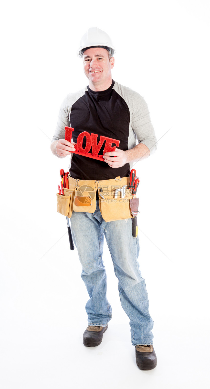 演播室拍到的爱人微笑建筑工人年轻人男性礼帽成功喜悦工具建筑修理工图片