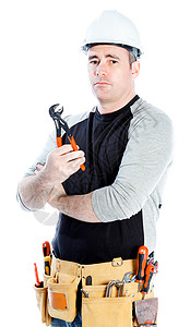 白种男子合同承包商 40岁安全帽扳手牛仔布修理工工程师建筑工人沉思男性工具男人背景图片