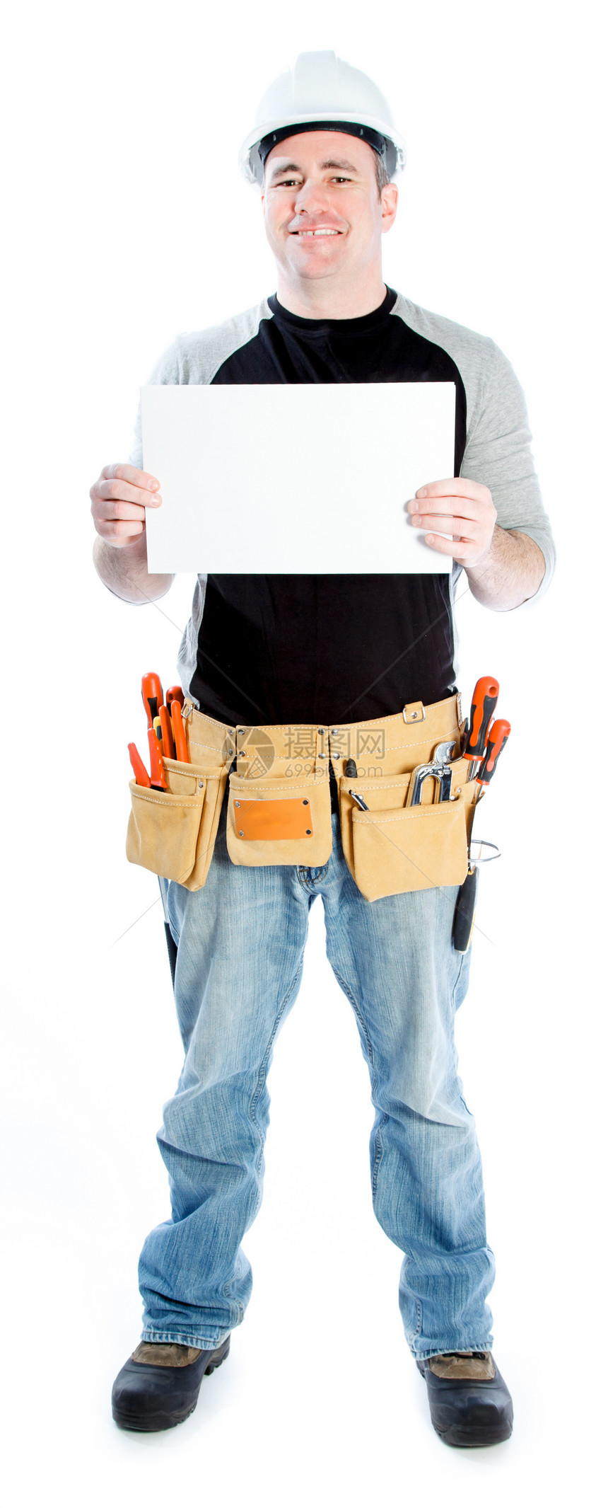 白种男子合同承包商 40岁微笑工具活动工人阶级建筑工人修理工电工牛仔布木匠男人图片