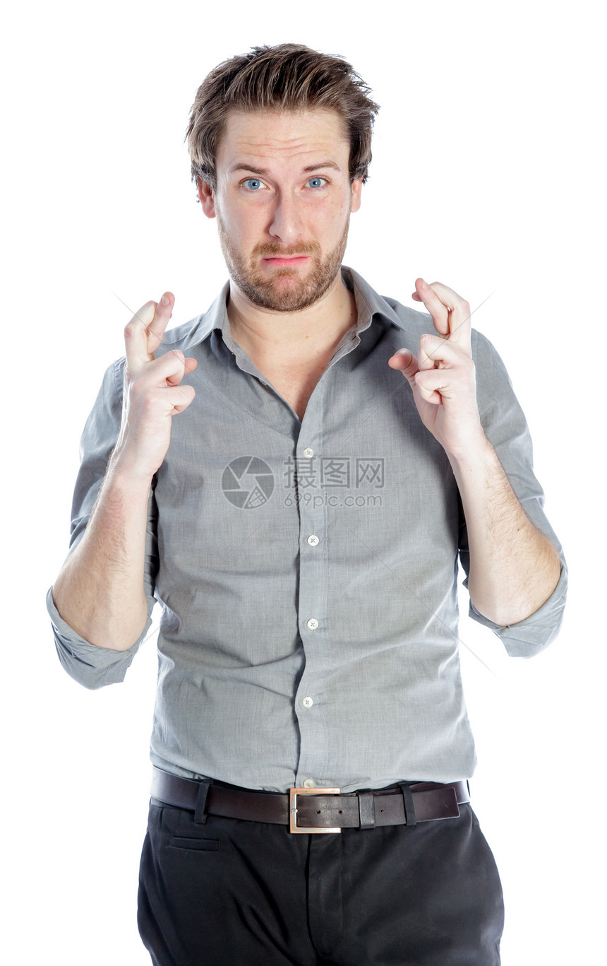 在演播室中拍摄的有吸引力的caucasian男子男性运气人士悲伤男人手指商业商务腰部思维图片