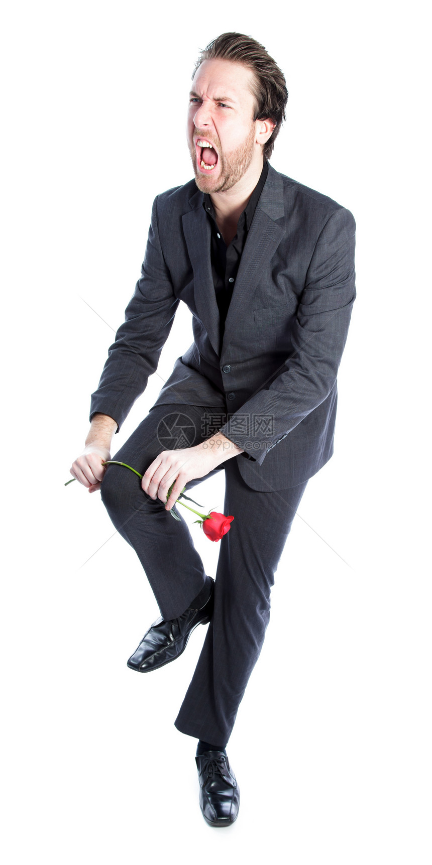 在演播室中拍摄的有吸引力的caucasian男子商务悲伤商业男性情绪男人思维红玫瑰玫瑰白色图片