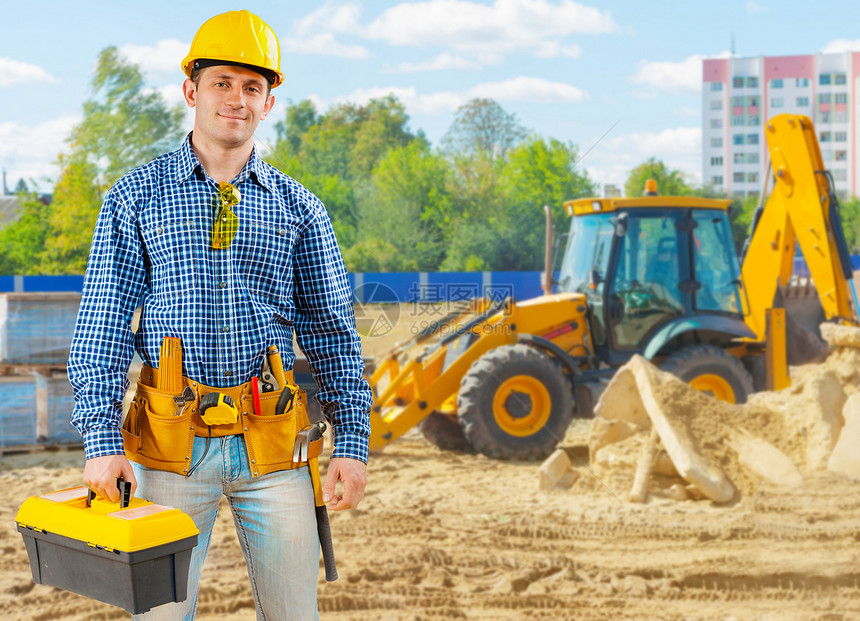 建筑工地上的建筑男性木匠工作服技术员工具工作修理工具箱腰带设备图片