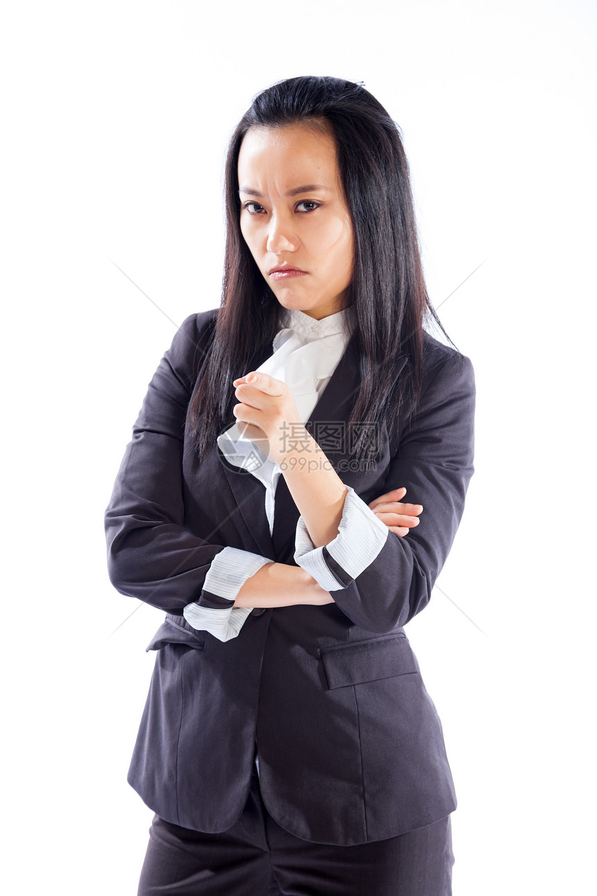 有吸引力的亚洲女孩 三十几岁孤立在白色背景上职业女性思维商务商业愤怒腰部成人悲伤套装图片