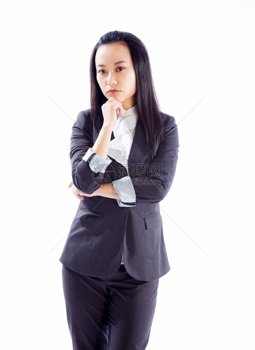有吸引力的亚洲女孩 三十几岁孤立在白色背景上套装人士商务长度商业女性黑发情绪成人职业图片