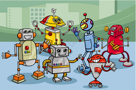 机器人玩具机器人组卡通插图科幻技术轮子科学卡通片玩具漫画微笑金属快乐设计图片