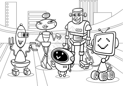 机器人组卡通彩色页面卡通片吉祥物插图快乐人工智能科学团体科幻漫画小说背景图片