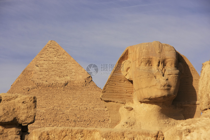 卡弗尔的斯芬克斯和金字塔 埃及开罗天空沙漠蓝色雕像风景石头骆驼异位素风暴雕塑图片