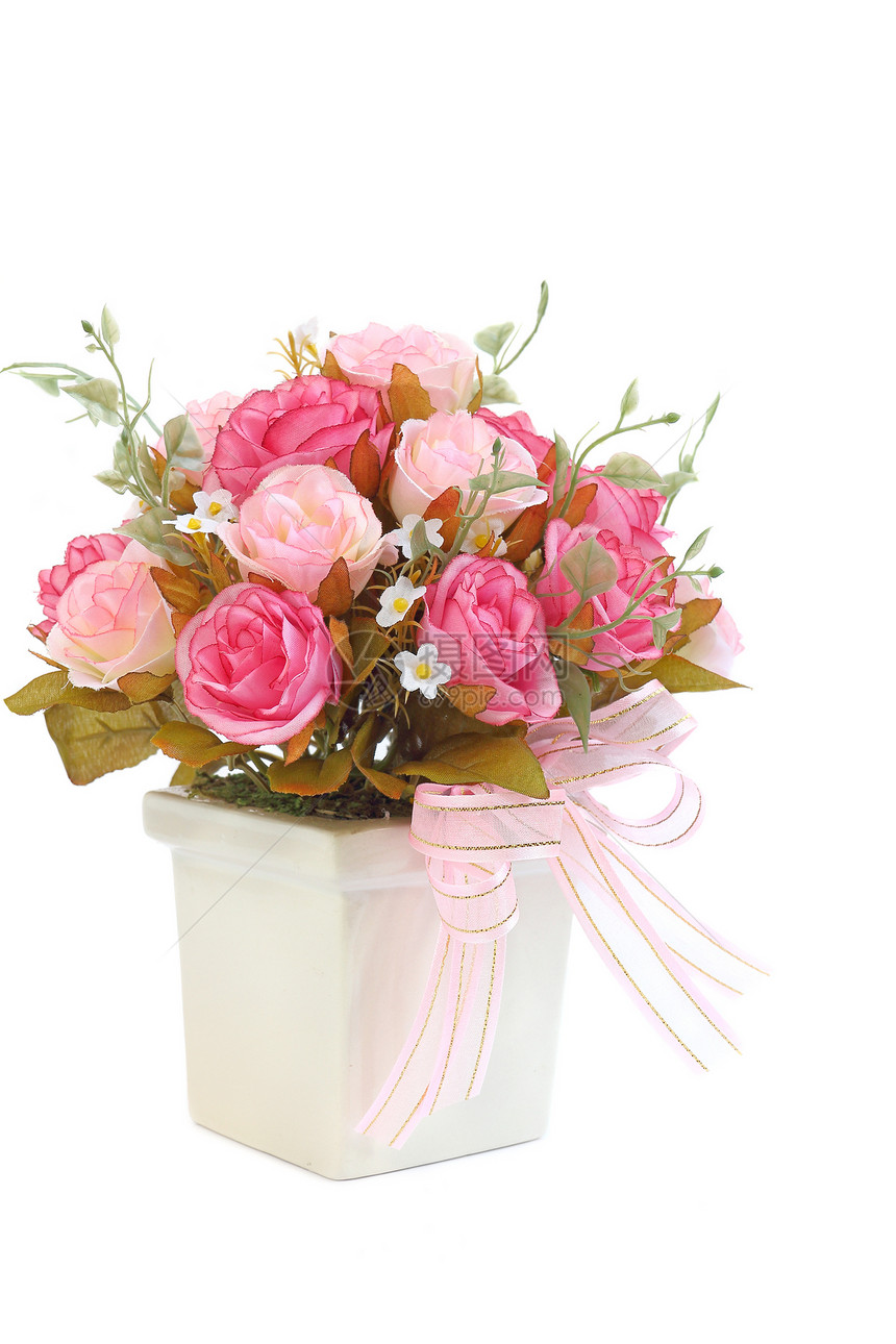 白玫瑰花瓶中的粉红玫瑰 与白色隔绝图片