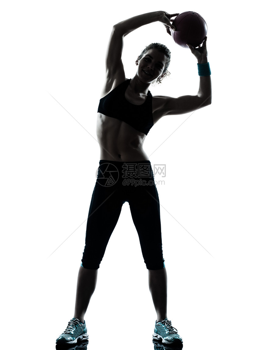 参加健身球锻炼的妇女运动训练体操有氧运动女士白色健美阴影权重肌肉图片