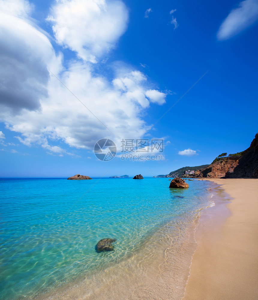 海滩 圣尤拉利亚旅行胰岛海景地标景点空白蓝色运河海岸岩石图片