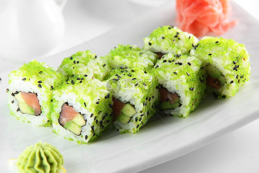 苦果和美味的寿司食物餐厅美食文化盘子白色海鲜海藻午餐绿色图片