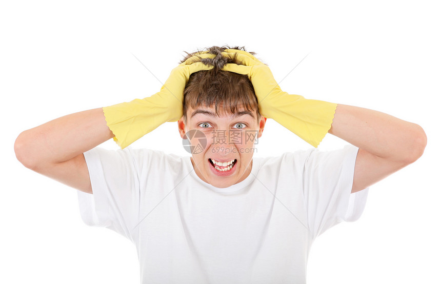 橡胶手套中麻烦的青少年紧张焦虑白色打扫青年工人头发失败黑发男性图片