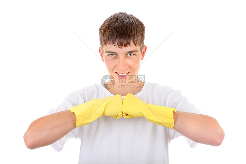 橡胶手套中的青少年小伙子黄色橡皮男人白色黑发清洁工男性整理青年图片
