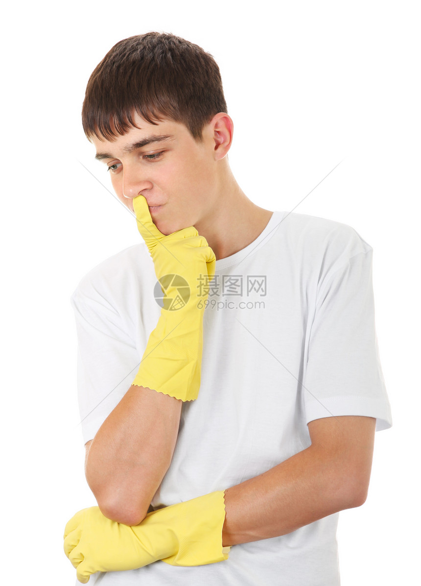 橡胶手套中的青少年清洁工工人小伙子黑发白色打扫男人男性思考黄色图片