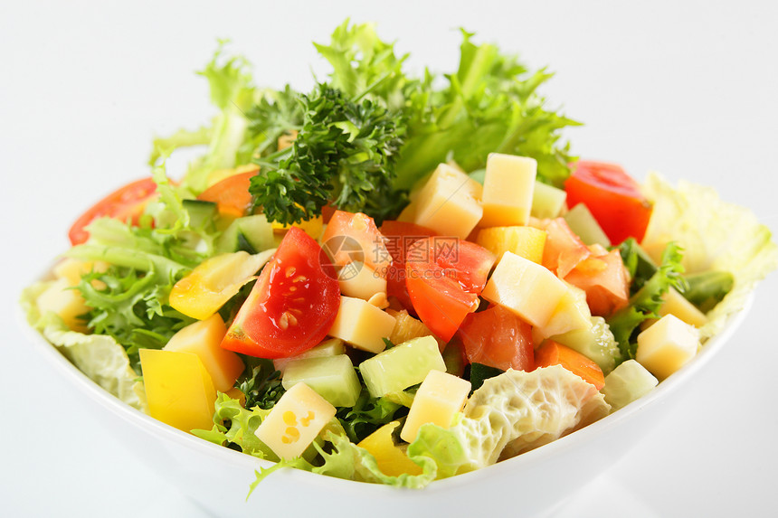 白色背景的清夏沙拉饮食餐厅沙拉美食小吃维生素健康叶子胸部菜单图片