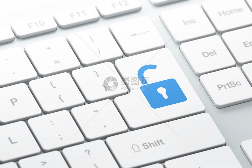 计算机键盘背景上的安全概念打开挂锁互联网攻击裂缝白色电脑技术钥匙蓝色数据锁孔图片