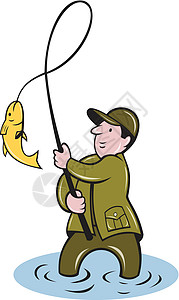 渔捞鱼的钓鱼鳍鱼卷轴男人飞鱼插图艺术品男性卡通片缫丝背景图片