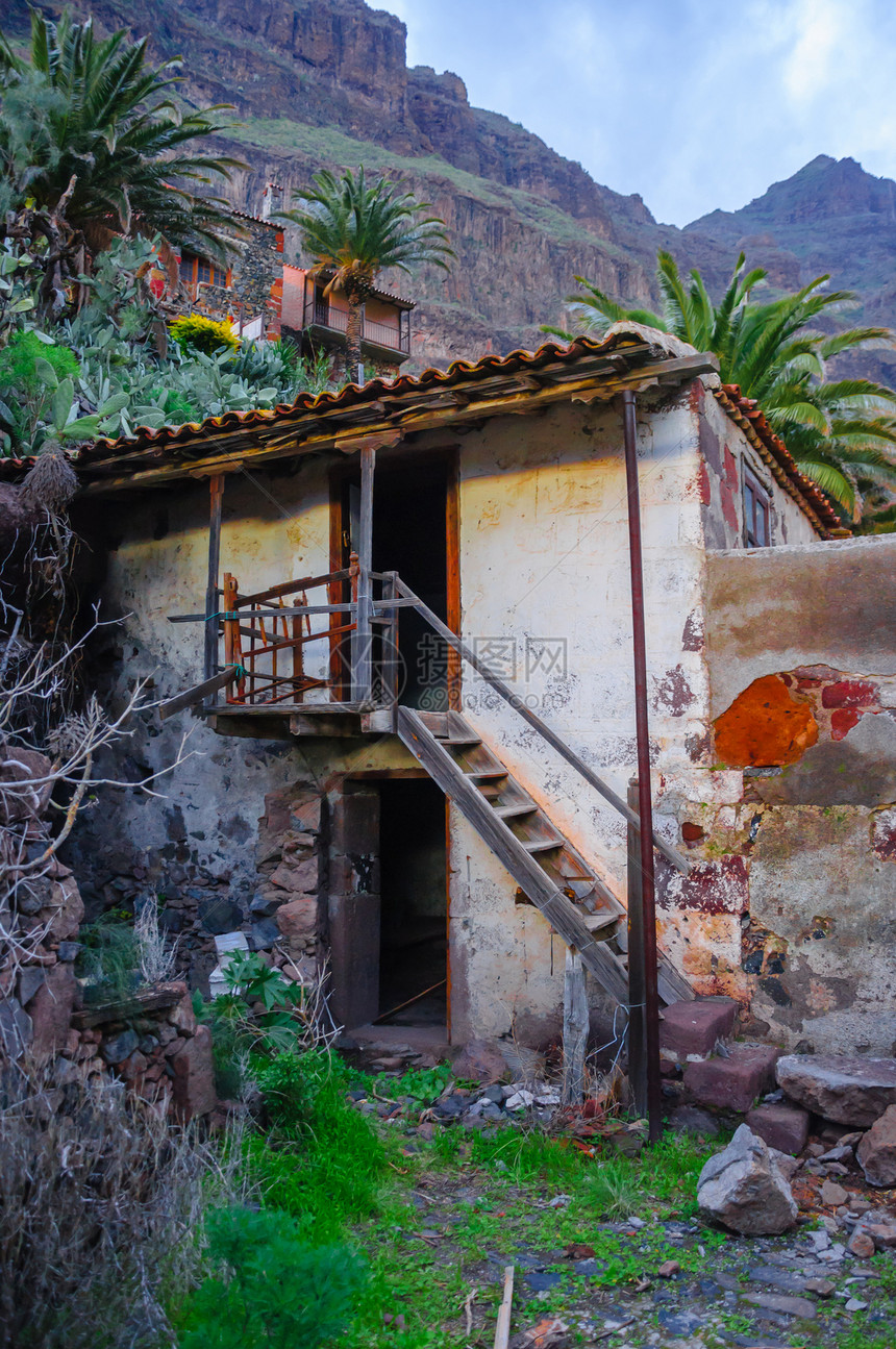 特纳里费Masca村一栋旧房屋的废墟建筑学梯子树木手掌森林晴天建筑石头历史房子图片