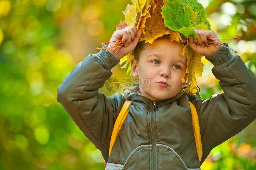 秋季婴儿男孩树叶花园童年快乐喜悦夹克蓝色公园乐趣女孩图片