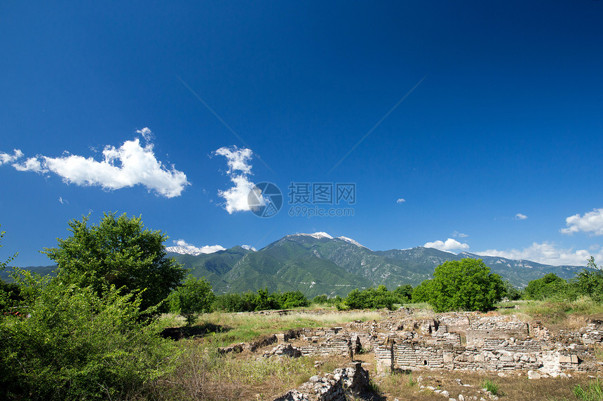 希腊迪翁的废墟鹅卵石旅游街道地面考古学民众人行道女神雕像宗教图片