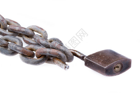 锁链和锁链力量锁孔金属链接挂锁白色安全灰色背景图片