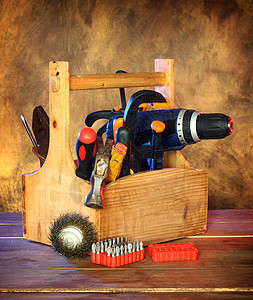工具框盒子木头工业仪表仪器锤子硬件黑色木工扳手高清图片