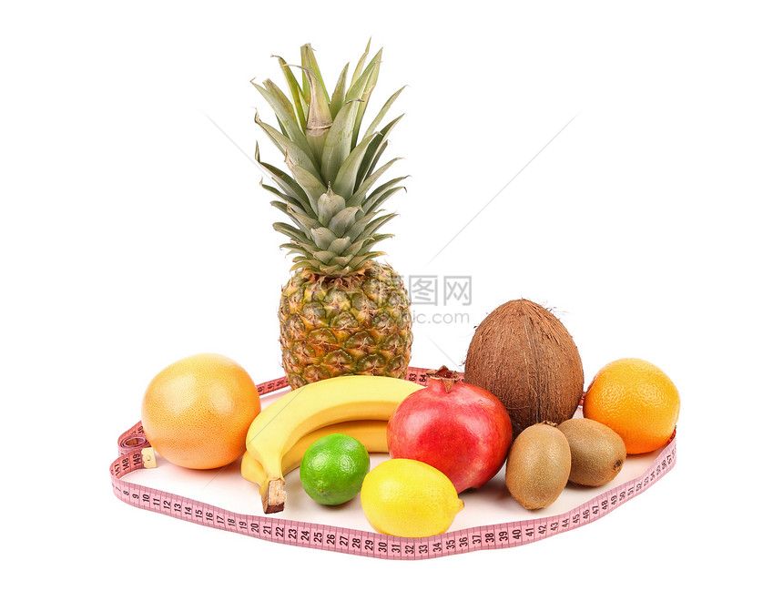 磁带测量和水果成分丛林蔬菜橙子卫生椰子食物美食热带保健石榴图片
