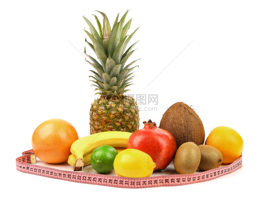 磁带测量和水果成分热带收成食物石榴情调椰子饮食浆果柚子团体图片