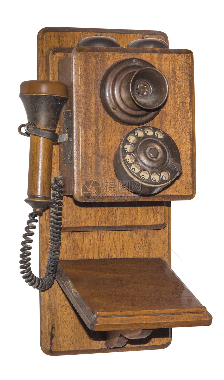 隐蔽的古董木制电话商业电缆白色听筒网络拨号木头曲柄喉舌旋转图片