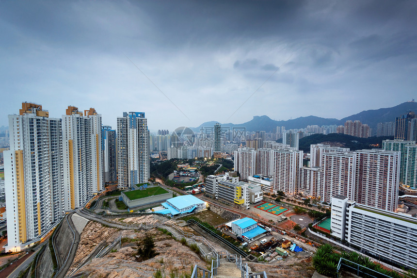 香港市日落旅游建筑蓝色天际反射工作商业地标景观游客图片