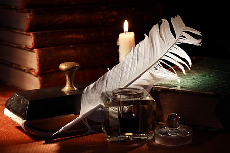 奎尔彭诗人吸墨纸羽毛历史蜡烛工作文学套装墨水地点背景图片