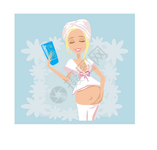 腹部护理孕妇对腹部止痛剂进行润滑剂治疗宽慰女孩奶油花朵身体母亲肚子药品女性成人插画