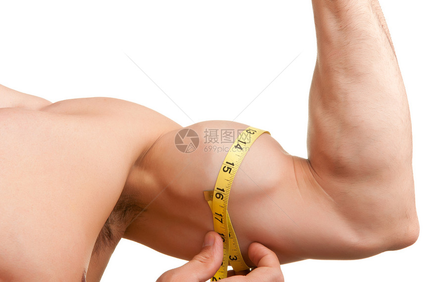 测量他的比塞普厘米健身房男性身体手臂柔性肌肉白色健美活力图片