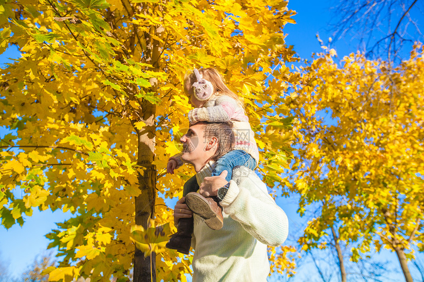 带着快乐父亲的小女孩 在阳光明媚的一天在秋天公园玩得开心公园孩子女性男人爸爸拥抱女儿享受童年家庭图片
