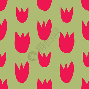 无缝矢量花卉形态 在新春绿色背景上用手画红色郁金香背景图片